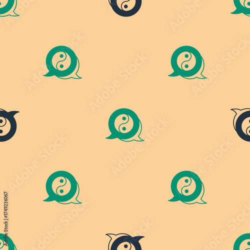 Green and black Yin Yang symbol of harmony and balance icon isolated seamless pattern on beige background. Vector