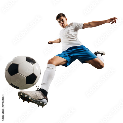 Dynamic shot of a male soccer player in mid-action, kicking a ball with intense focus and athletic prowess
