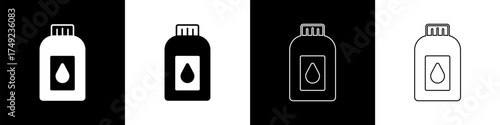 Set Canister for motor machine oil icon isolated on black and white background. Oil gallon. Oil change service and repair. Vector