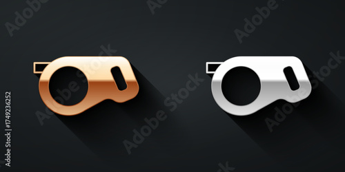 Gold and silver Retractable cord leash with carabiner icon isolated on black background. Pet dog lead. Animal accessory for outdoors walk. Long shadow style. Vector