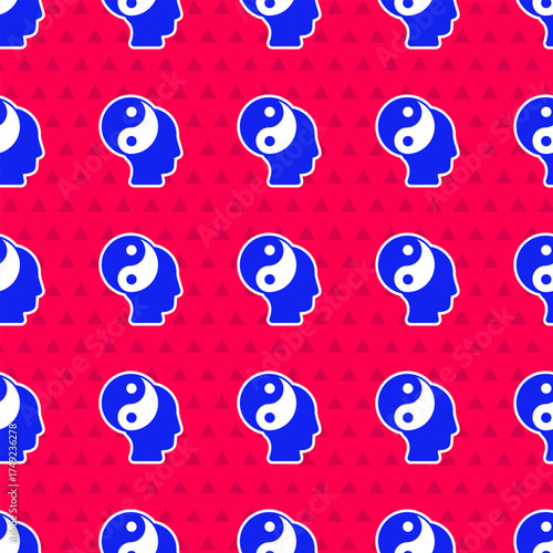 Blue Yin Yang symbol of harmony and balance icon isolated seamless pattern on red background. Vector