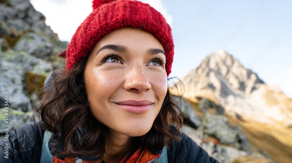Fototapeta premium Woman smiling at camera, outdoor setting, mountains in background, red hat, winter attire, sunglasses, casual pose.