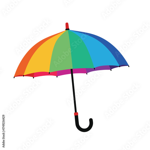 A vibrant rainbow umbrella offers protection from the elements on a bright day.