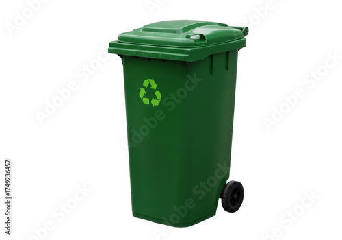 Green recycling bin isolated, waste container for garbage disposal and environmental protection on a clean background