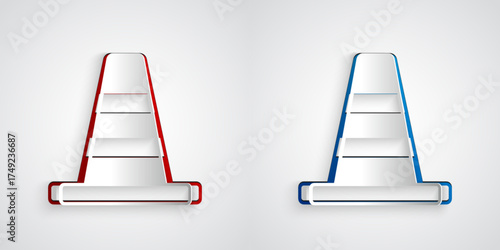 Paper cut Traffic cone icon isolated on grey background. Paper art style. Vector