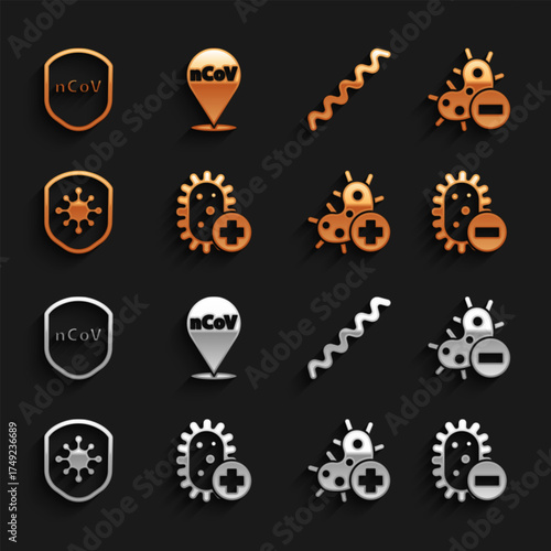 Set Positive virus, Negative, Shield protecting from, Virus, and Corona 2019-nCoV on location icon. Vector