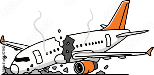 Minimal Cartoon Airplane Crash Vector Illustration with Orange Accents and Debris – Simple Plane Accident Scene