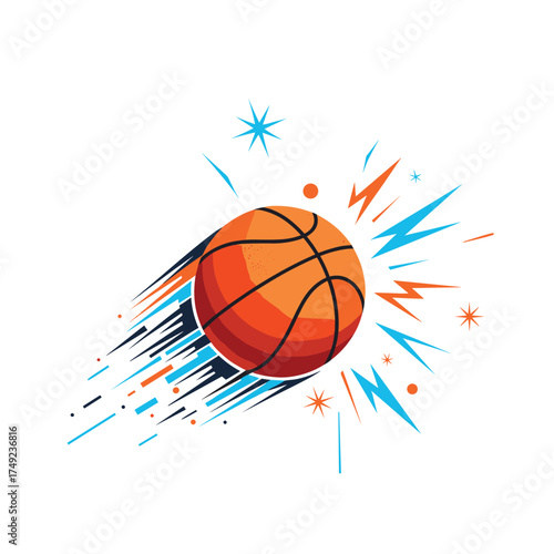 An energetic basketball flying through the air with colorful abstract motion lines and bursts of light.