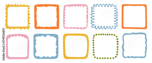 A collection of colorful hand-drawn square frames. Vector decorative borders for scrapbooking, greeting cards, invitations, photo albums, labels, posters, and creative design projects. 
