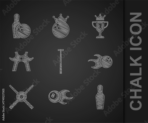Set Billiard cue, ball, Bowling pin, Crossed billiard cues and, rest, Award cup and icon. Vector