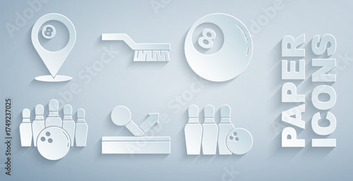 Set Billiard ball, Bowling pin and, Pool table brush and Location with billiard icon. Vector