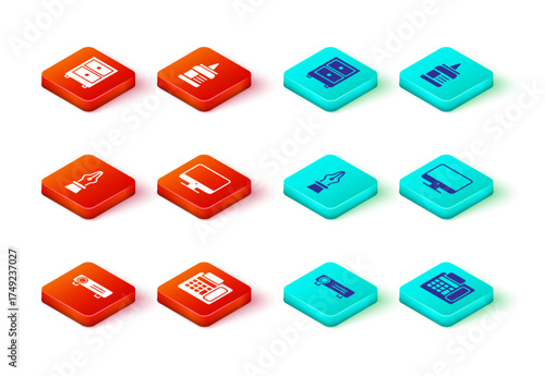 Set Movie, film, media projector, Telephone, Fountain pen nib, Computer monitor screen, Glue and Drawer with documents icon. Vector