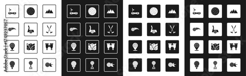 Set Mountains, Golf club with ball, hole flag, Crossed golf, Binoculars and Location sport icon. Vector