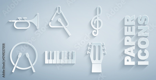 Set Music synthesizer, Treble clef, Drum and drum sticks, Guitar, Triangle and Trumpet icon. Vector