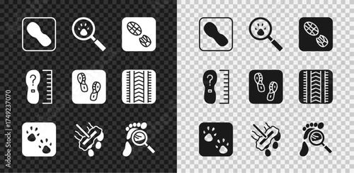 Set Human footprints shoes, Paw search, Mop, Magnifying glass with footsteps, Square measure size and icon. Vector