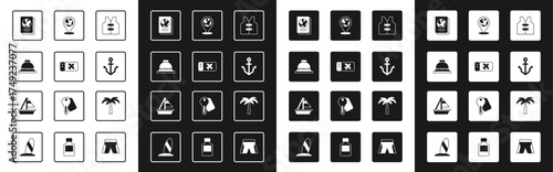 Set Life jacket, Airline ticket, Hotel service bell, Passport, Anchor, Location on the globe, Tropical palm tree and Yacht sailboat icon. Vector