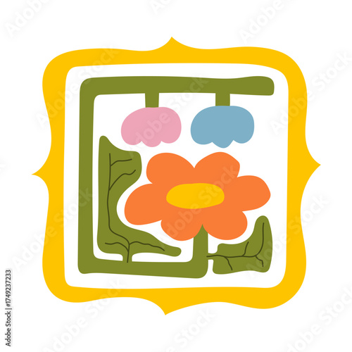 Hand-drawn colorful floral element in a decorative square frame with circular details. Abstract flower petals and leaf design. Perfect for scrapbooking, crafts, textile design, digital art, and decor.