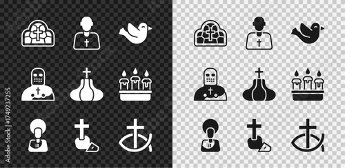Set Stained glass, Priest, Dove, Jesus Christ, Christian cross, fish, Knight crusader and Church tower icon. Vector