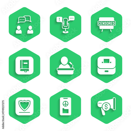 Set Speaker, Peace, Megaphone and dollar, Vote box, Shield, Law book, Censored stamp and Speech bubble chat icon. Vector