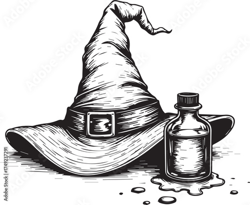A stylized illustration showcases a witch's hat and a potion, evoking mystery and fantasy.
