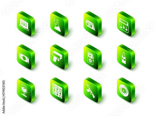 Set Glass bong for smoking marijuana, Drum machine music, Beer bottle, Vinyl disk, Music player, Submachine gun and icon. Vector