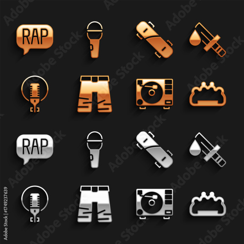 Set Wide pants, Bloody knife, Brass knuckles, Vinyl player with vinyl disk, Microphone, Skateboard, Rap music and icon. Vector