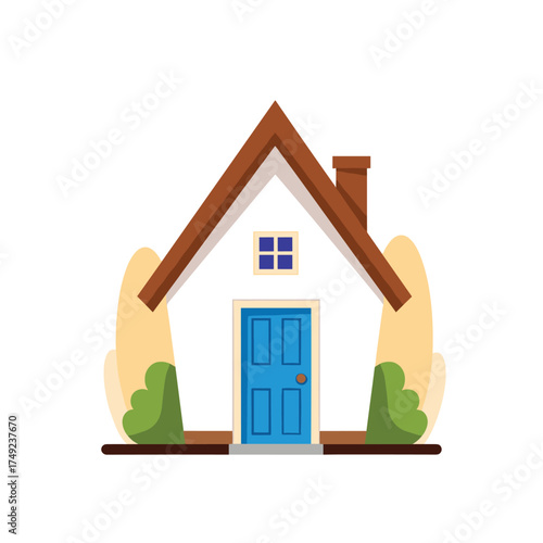 A charming cartoon house with a blue door and a brown roof.