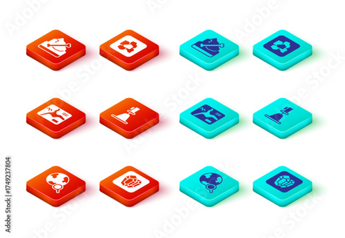 Set Magnifying glass with globe, Gem stone, Topographic map, Tacheometer, theodolite, Gold nugget and Archeology icon. Vector