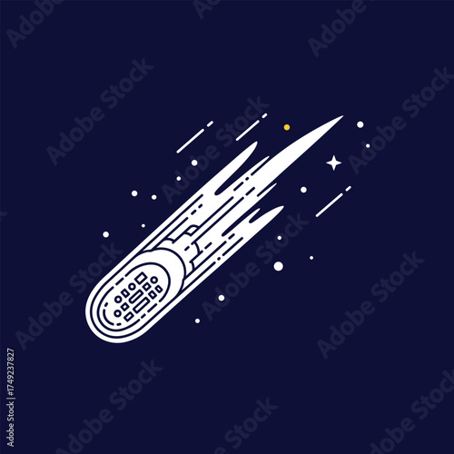 A stylized illustration depicts a comet with a textured surface streaking across a deep blue night sky filled with tiny stars and diagonal white lines suggesting movement and cosmic dust.