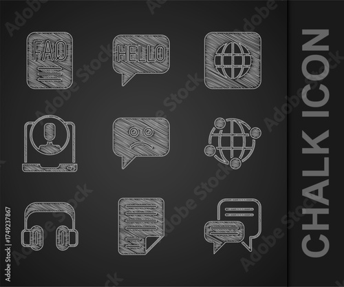 Set Sad smile, File document, Speech bubble chat, Global technology, Headphones, Telephone 24 hours support, Worldwide and FAQ information icon. Vector