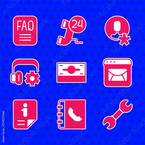 Set Stacks paper money cash, Phone book, Wrench spanner, Mail and e-mail, Information, Headphoneswith settings, Elected employee and FAQ information icon. Vector