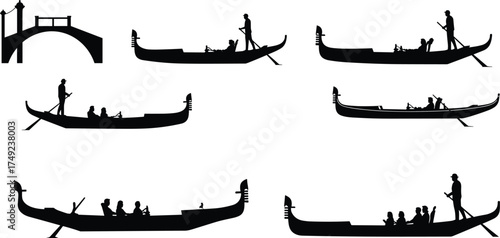Venetian gondola silhouettes with gondoliers and passengers, traditional boats and bridge vector illustration set, Venice Italy canal travel culture