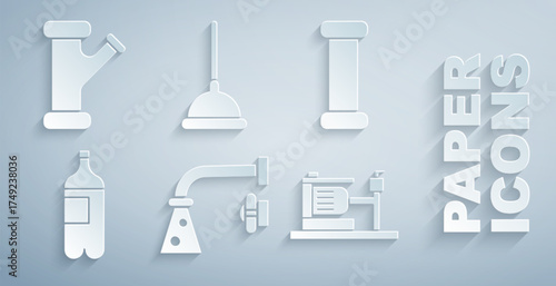 Set Water tap, Industry metallic pipe, Bottle of water, Electric pump, Rubber plunger and icon. Vector