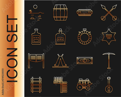 Set line Banjo, Pickaxe, Hexagram sheriff, Harmonica, Alcohol drink Rum bottle, Whiskey, Desert landscape with cactus and Canteen water icon. Vector