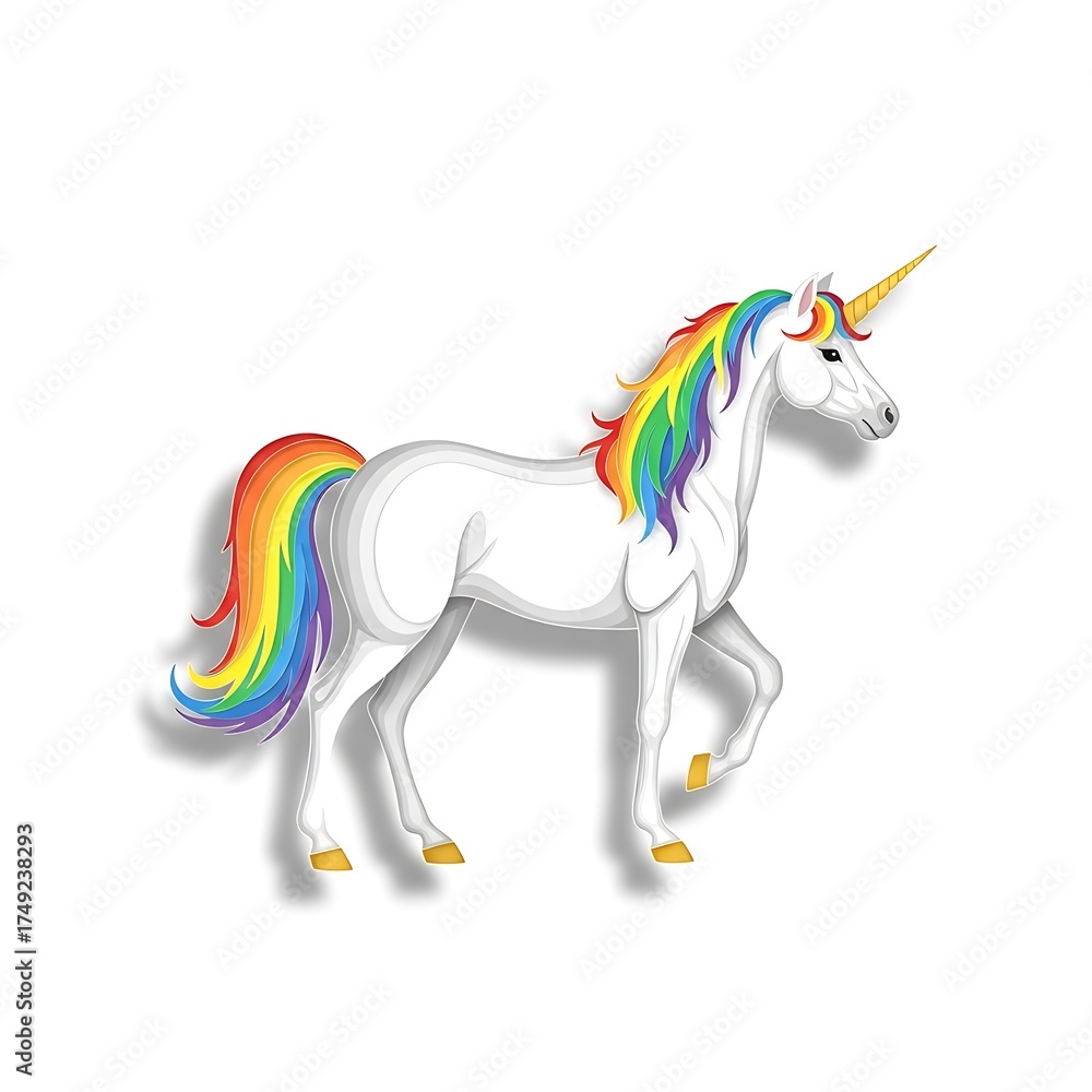 Fototapeta premium Majestic Unicorn with Rainbow Mane and Tail Gracefully Walking on a White Background, Symbolizing Magic and Fantasy