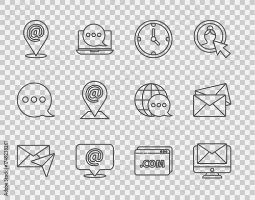 Set line Envelope, Monitor and envelope, Clock, Mail e-mail, Location, Website template and icon. Vector