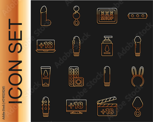 Set line Anal plug, Mask with long bunny ears, Dildo vibrator, Sex shop, Laptop 18 plus content, and Personal lubricant icon. Vector