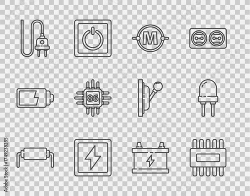Set line Resistor electricity, Processor with microcircuits CPU, Electric scheme, Lightning bolt, plug, Car battery and emitting diode icon. Vector