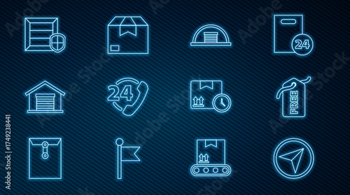 Set line Infographic of city map navigation, Hangar, Telephone 24 hours support, Warehouse, Delivery pack security shield, Cardboard box and fast time and Carton cardboard icon. Vector