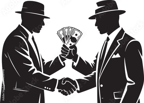 Two men in suits shaking hands with money business