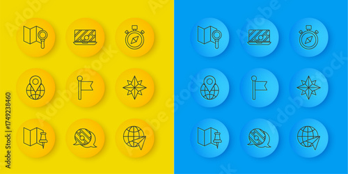 Set line Folded map with push pin, Location on the globe, marker, Globe flying plane, Wind rose, Search location, Compass and City navigation icon. Vector