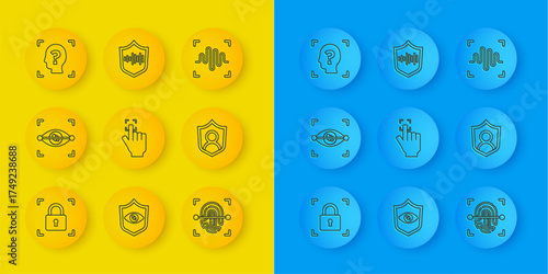 Set line Fingerprint with lock, Eye scan, User protection, Face recognition, Voice and Shield voice icon. Vector