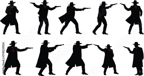 Western cowboy silhouette poses with gunfighter stances, vintage outlaw action, wild west gunslinger illustration, dramatic shooting positions vector art