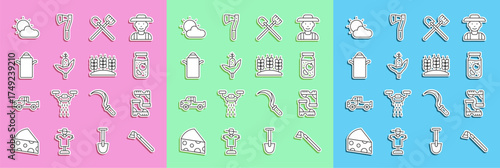Set line Garden hoe, Waterproof rubber boot, Jam jar, Shovel, Corn, Can container for milk, Sun and cloud weather and Wheat icon. Vector