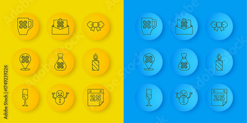 Set line Glass of champagne, Snowflake, Santa Claus bag gift, Calendar, Burning candle, Coffee cup with snowflake, Bow tie and Christmas postcard icon. Vector