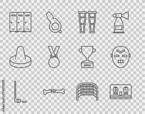 Set line Ice hockey stick and puck, Hockey mechanical scoreboard, Crutch crutches, Human broken bone, Locker changing room, Medal, goal and mask icon. Vector