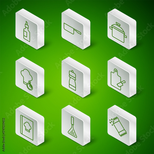 Set line Packet of pepper, Barbecue spatula, Bottle olive oil, Pepper, Chef hat, Saucepan, Cookbook and Cutting board and knife icon. Vector