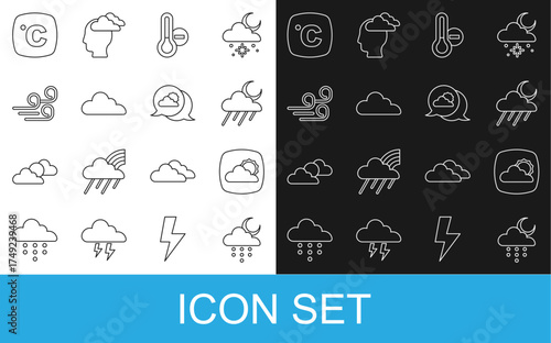 Set line Cloud with rain and moon, Weather forecast, Meteorology thermometer, Windy weather, Celsius and Location cloud icon. Vector
