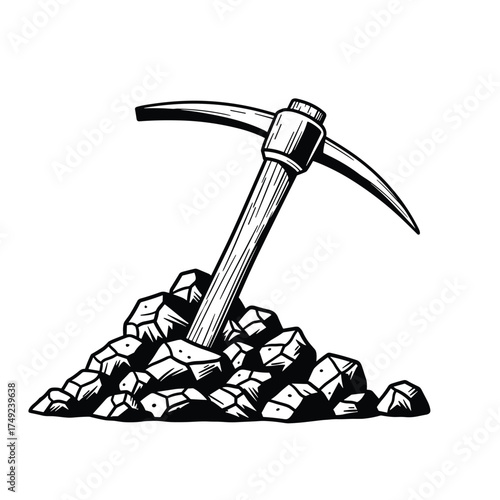 A classic pickaxe stands tall emerging from a pile of rough ore stones.