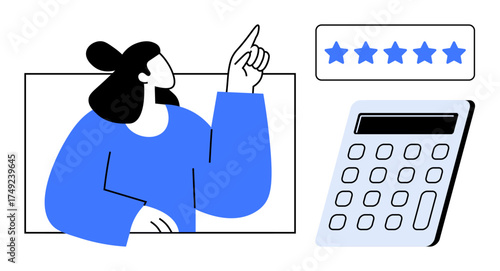 Woman pointing at five-star rating alongside a calculator, emphasizing quality, evaluation, analytics, and value. Ideal for performance review, customer satisfaction, finance, decision-making